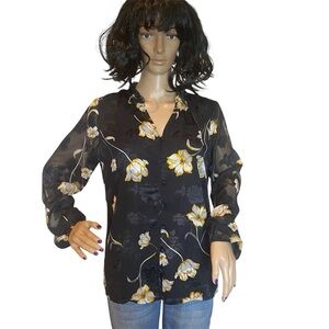 White House Black Market WHBM Ophelia Black Floral Blouse Shirred Neck Sz 8 EUC